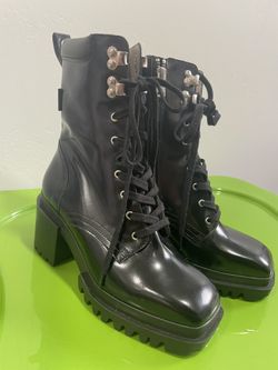 ALLSAINTS INDIGO Lace Up High Heel Combat Boots BLACK PATENT LEATHER US 6 EU 36