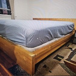 King size maplewood, composite bed frame and two n tables with frosted accent glass