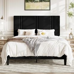 Queen Platform Bed Frame with Adjustable Headboard, Plush Velvet Upholstered, Vertical Channel Tufted, Sturdy Wooden Slats, No Box Spring Needed, Easy