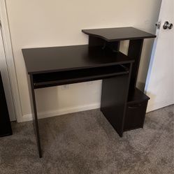 Black Computer Desk With Pullout Keyboard Tray & Storage Cubby