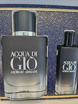 Giorgio Armani Acqua Di Giò Parfum gift set features a 75ml bottle alongside a smaller 15ml travel parfum