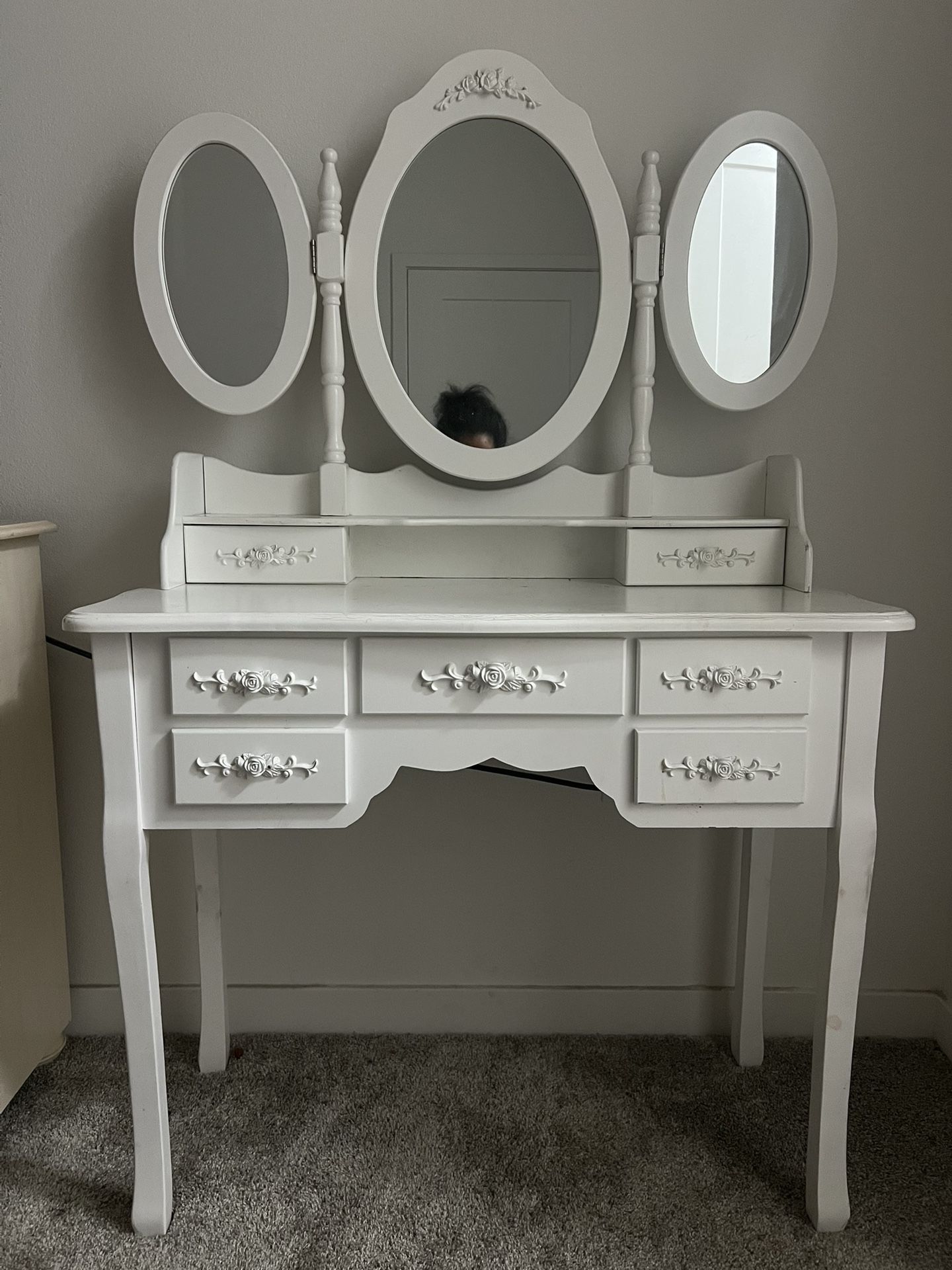 Vintage White Vanity with Foldable Mirrors & Stool
