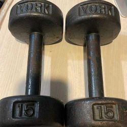 PAIR OF  ROUND HEAD BLUE  YORK  15 LB.  DUMBBELLS 