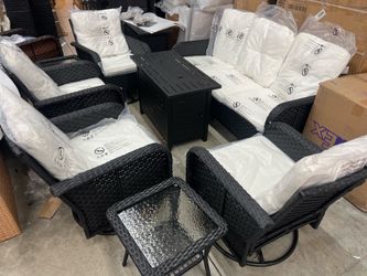 New, outdoor patio set with 4 swivel chairs, bench and fire pit table