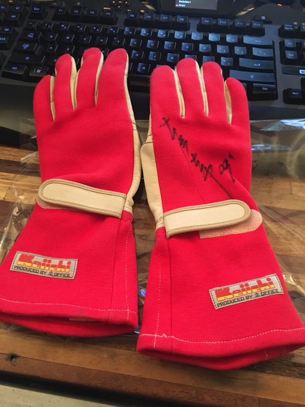 K Office driving gloves, signed by Keiichi Tsuchiya