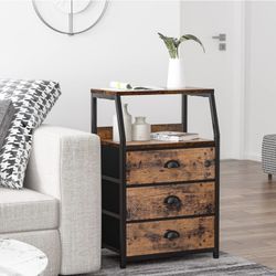 Furnulem Nightstand with 3 Drawers and 2-Tier Shelf, Fabric Small Dresser Organizer Vertical Storage Tower for Bedroom, Closet, Hallway, Nursery, End 