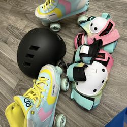 Girl, rollerskates, and safety pads