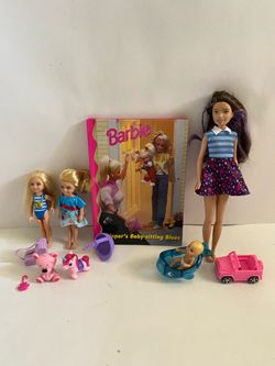 Barbie Skipper, Chelsea, baby, accessories, and babysitting book