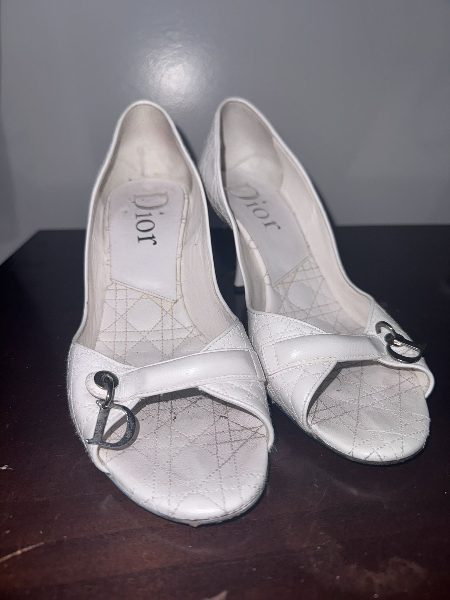 Used Christian Dior Off-white Cannage Leather Open Toe Heels 39 US Size 9 Women
