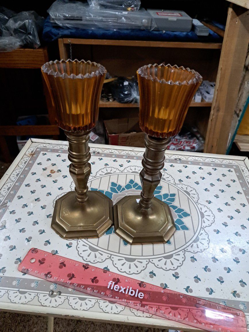 2 brass candle holder set T light candle set