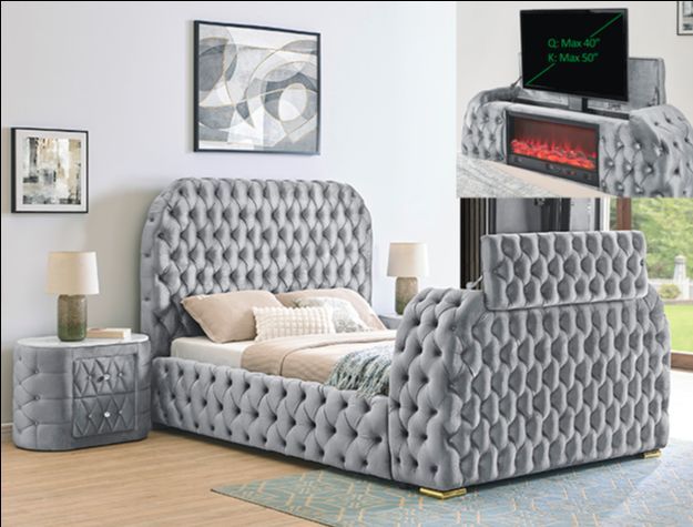 Brand New Grey Queen Bed Frame w Fireplace & TV Lift