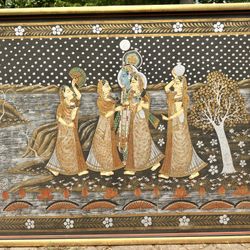 Vintage Hand-Painted Indian Silk Painting – Framed – Large 4ft x 3ft