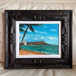 Tropical Beach Canvas Art in Teal and Blue Hawaii Swimming Carved Frame