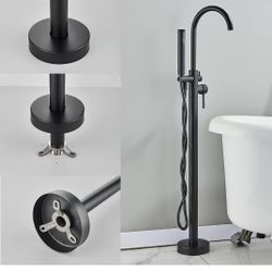 Freestanding Bathtub Faucet Matte Black Floor Mounted Tub Filler with Hand Shower 360 Degree Swivel Standing Spout Brass High Flow Mixer Taps

