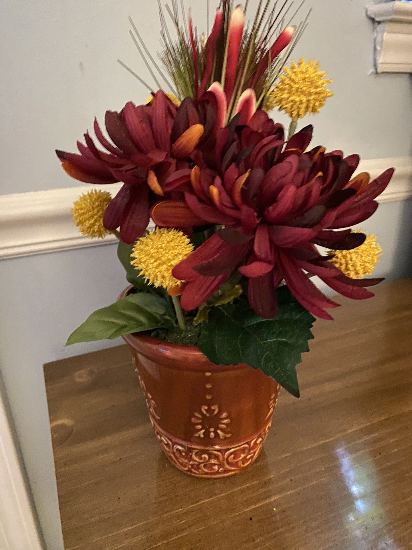 Ceramic Rust Color Vase With Maroon/ Yellow Flowers 
