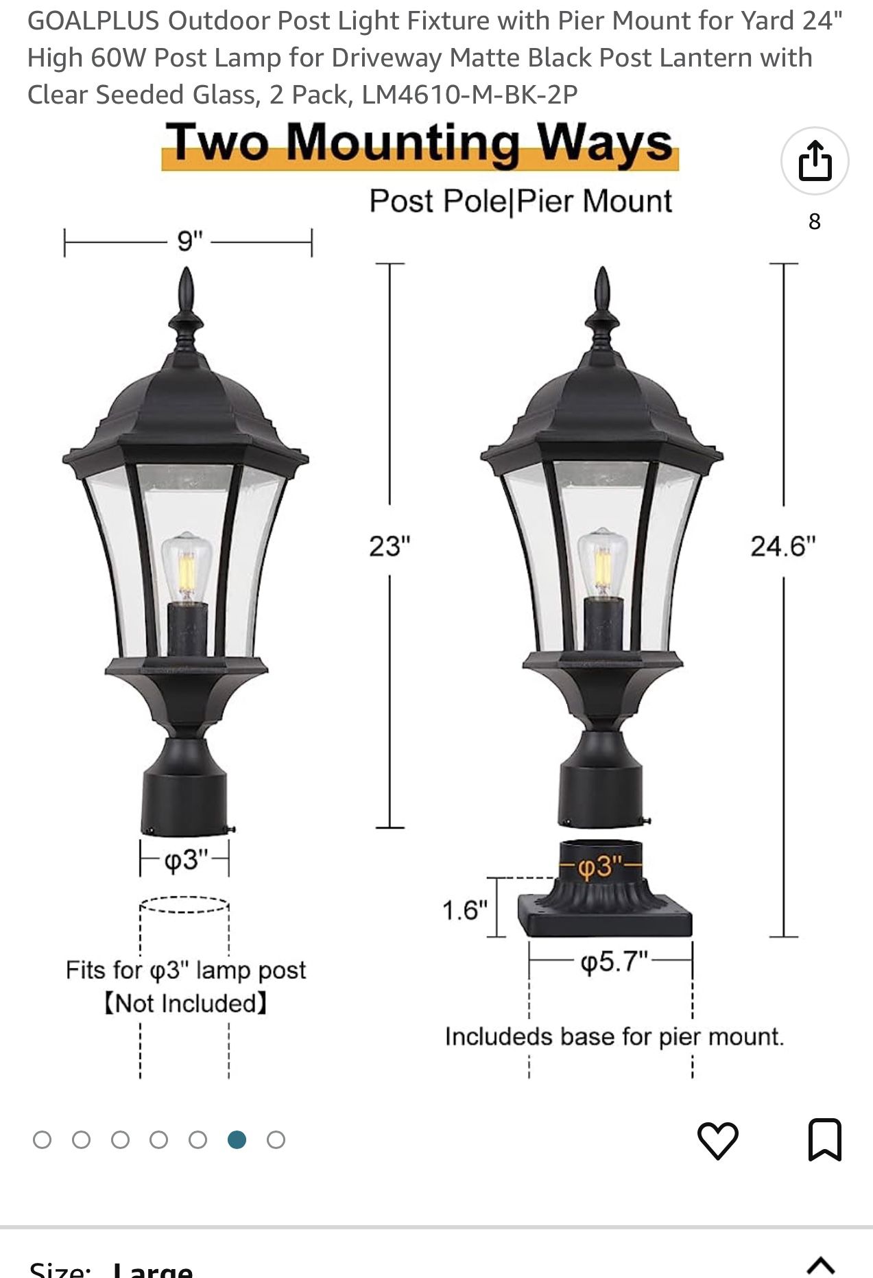GOALPLUS Outdoor Post Light Fixture with Pier Mount for Yard 24" High 60W Post Lamp for Driveway Matte Black Post Lantern with Clear Seeded Glass, P - 5