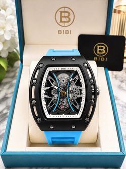 BIBI Skeleton Tonneau Watch Blue Rubber Strap
