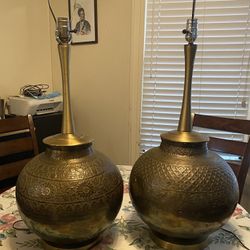 Pair Large MCM 1950’s hand molded brass lamps. Work Great, No Shades  Price Firm