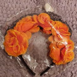 2 NEW Orange Flower with Black Lace Headbands Perfect for Dia  de los Muertos $3 each or 2 for $5