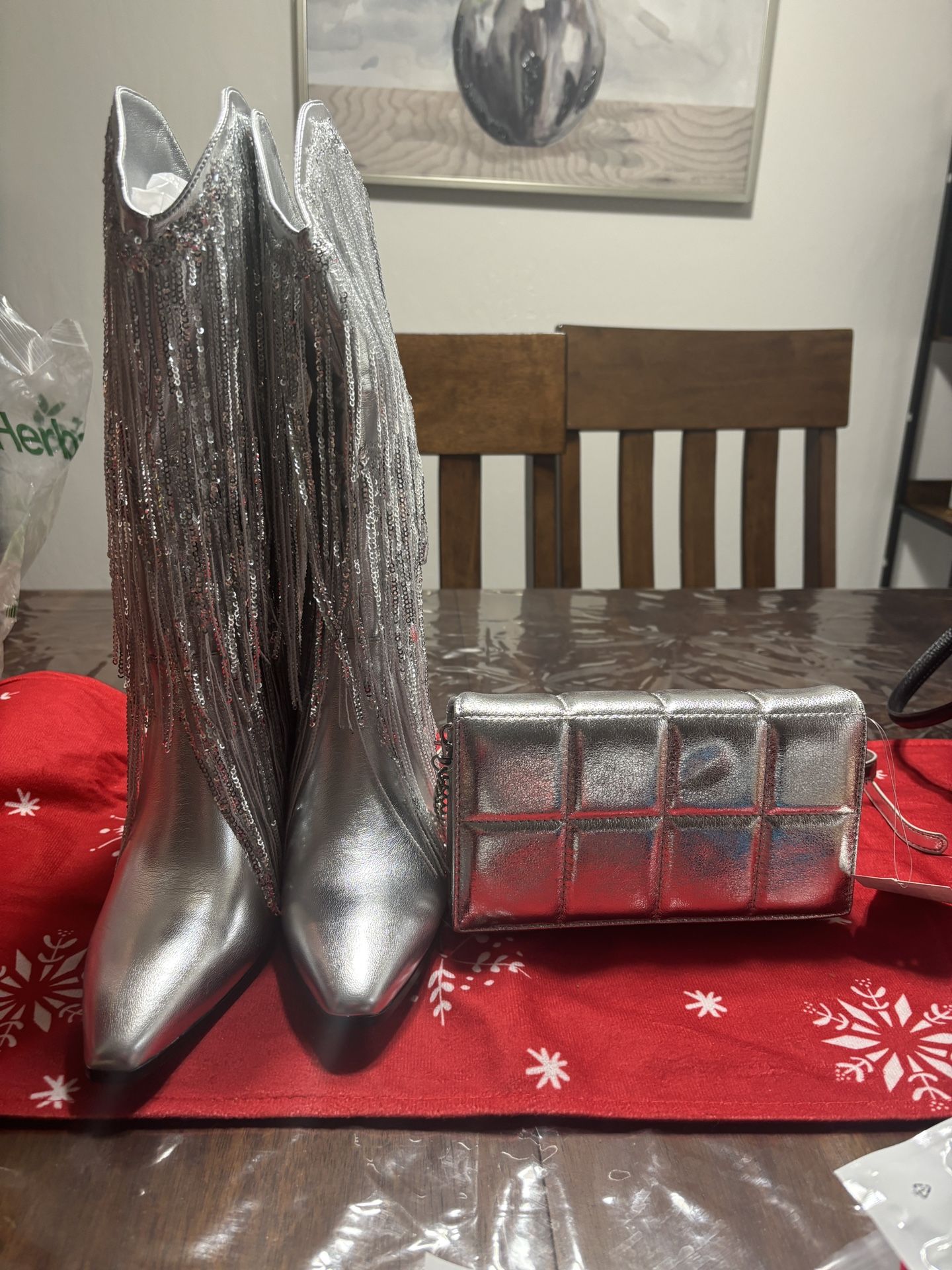 Silver sparkly boots and silver crossbody purse NEW