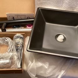 Wonline Bathroom Countertop Black Square Porcelain Ceramic Vessel Sink And Black Faucet Combo