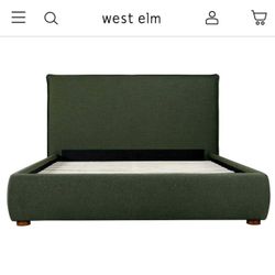 NEW IN-BOX—Free Delivery, West Elm KING SIZE Bed, Solid Pine Frame, Deep Green Fabric (Retail $2,099+tax)