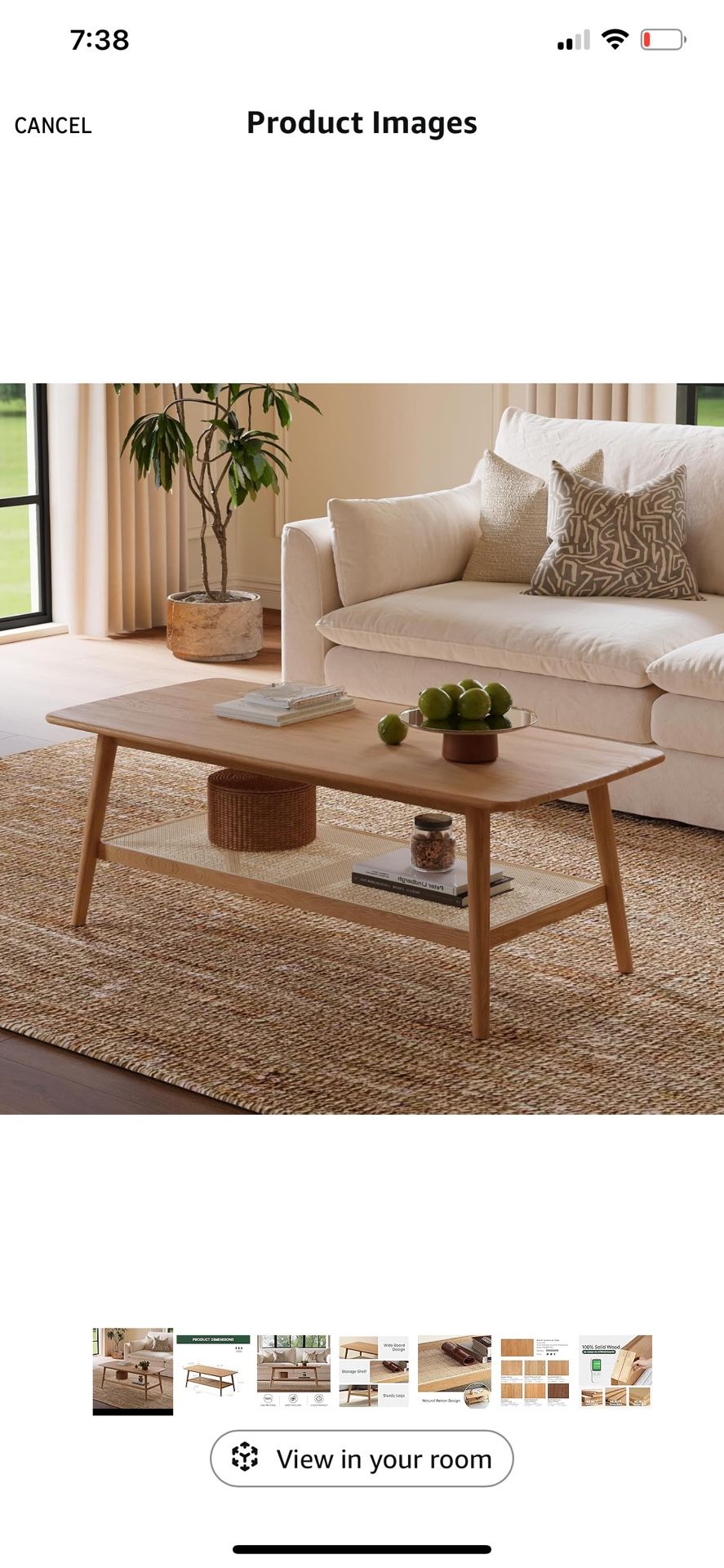 Solid Wood Oak Coffee Table with Natural Rattan Storage Shelf 2-Tier Rectangular Coffee Table for Living Room 47.24” L x 22” D x 17.32” H