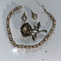 Lot Of Silver & Faux Pearl Jewelry - Avon CZ Bracelet,Flower Pin, Stud Earrings