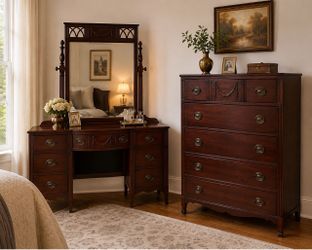 Antique Mahogany Vanity and Chest of Drawers Set