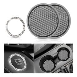 2 Car Cup Holder Coaster with 1 Push Start Button Bling [3Pcs], Bling Crystal Rhinestone Car Interior Accessories for Women (Gray)