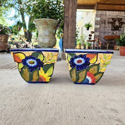 Talavera Blue Flower Square Clay Pots, Planters,Plants, Pottery $55 cada uno.