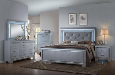 Brand new Lilian silver LED queen bed frame + dresser + mirror + nightstand