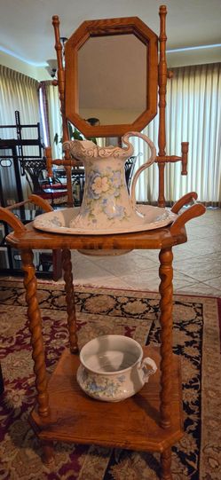 Antique Oak Washstand with Mirror and Pitcher Set
