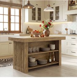 LD0242AB 63" Farmhouse Island Table, Large Kitchen Counter with Open Shelves for Dining Room