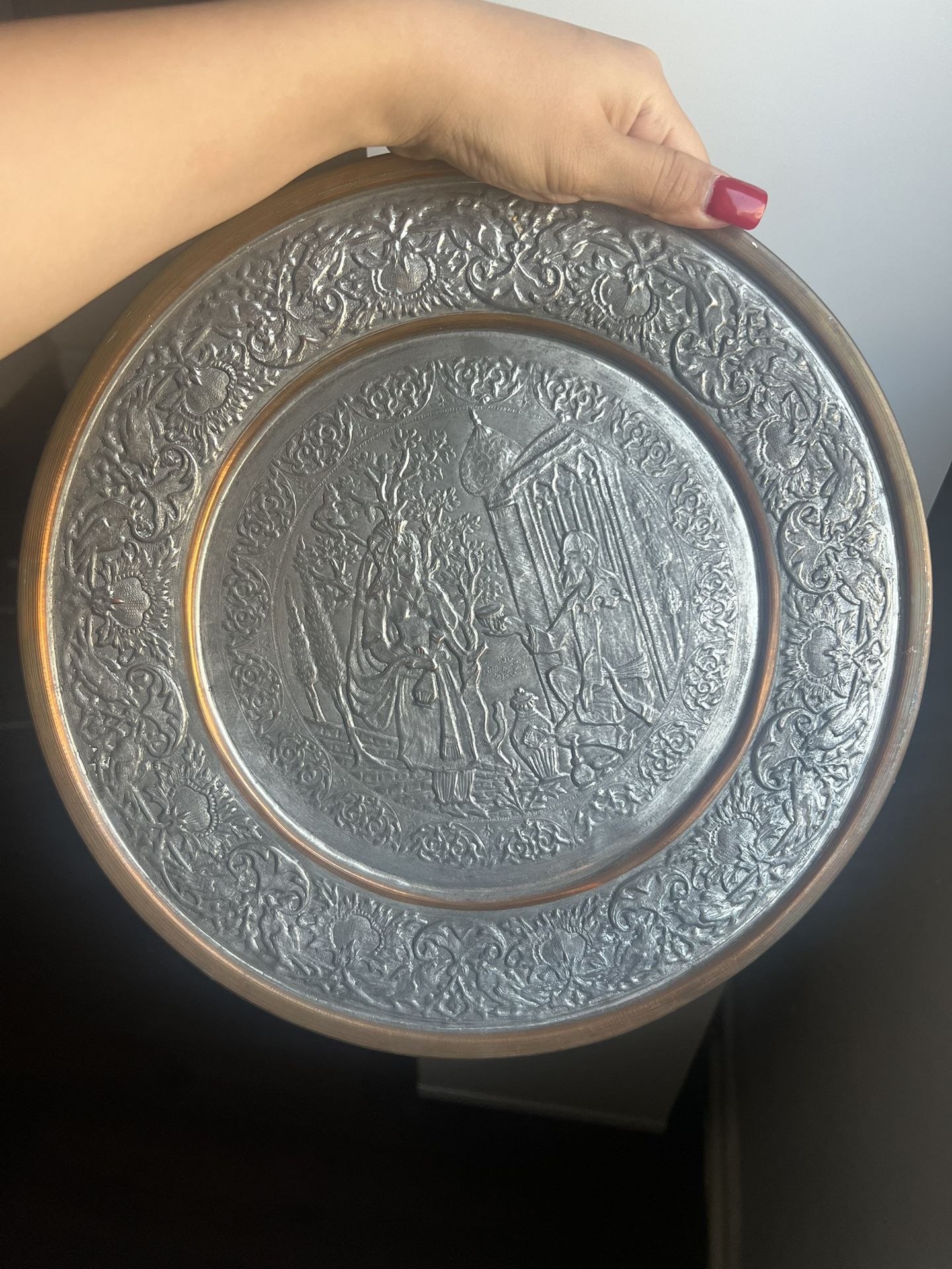 antique, hand-engraved copper plate or tray, likely originating from Persia/ Middle East