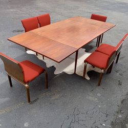 Midcentury modern custom teak double draw leaf extension dining table and chairs 