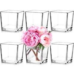 12 Square Glass Vases 5" x5" x 5", Clear Flower Vases for Centerpieces, Candle Holder for Wedding Party Events, Home Décor
