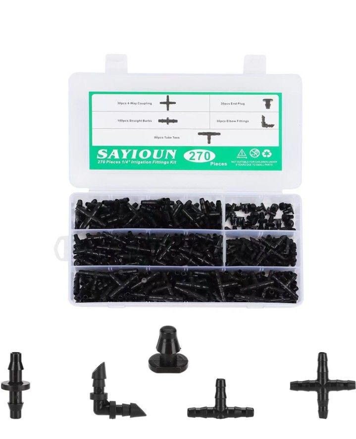 270 Pcs Barbed Connectors Irrigation Fittings Kit,Drip Irrigation Barbed Connectors 1/4''Tubing Fittings Kit for Flower Pot Garden Lawn(Straight Barbs