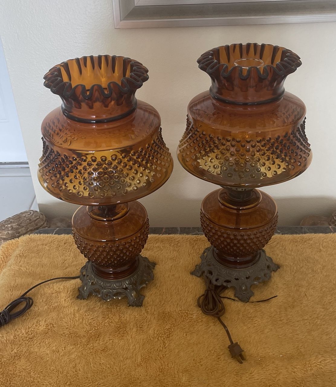 Two Vintage Electric Hobnail Amber Lamps