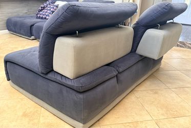 Italian custom made blue /grey high quality velour sofa sectionals extending back and headrest