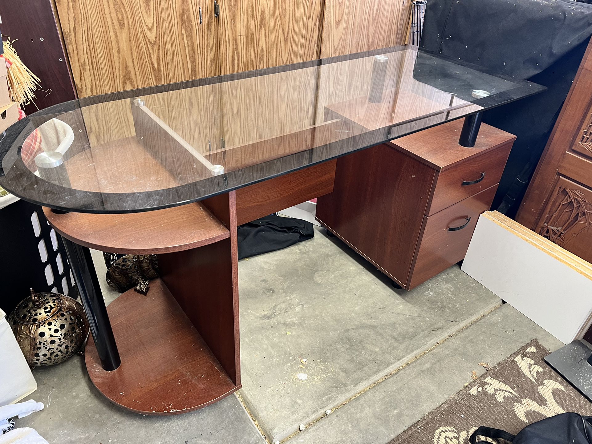 Computer/work Desk With Cabinet &Glass Top