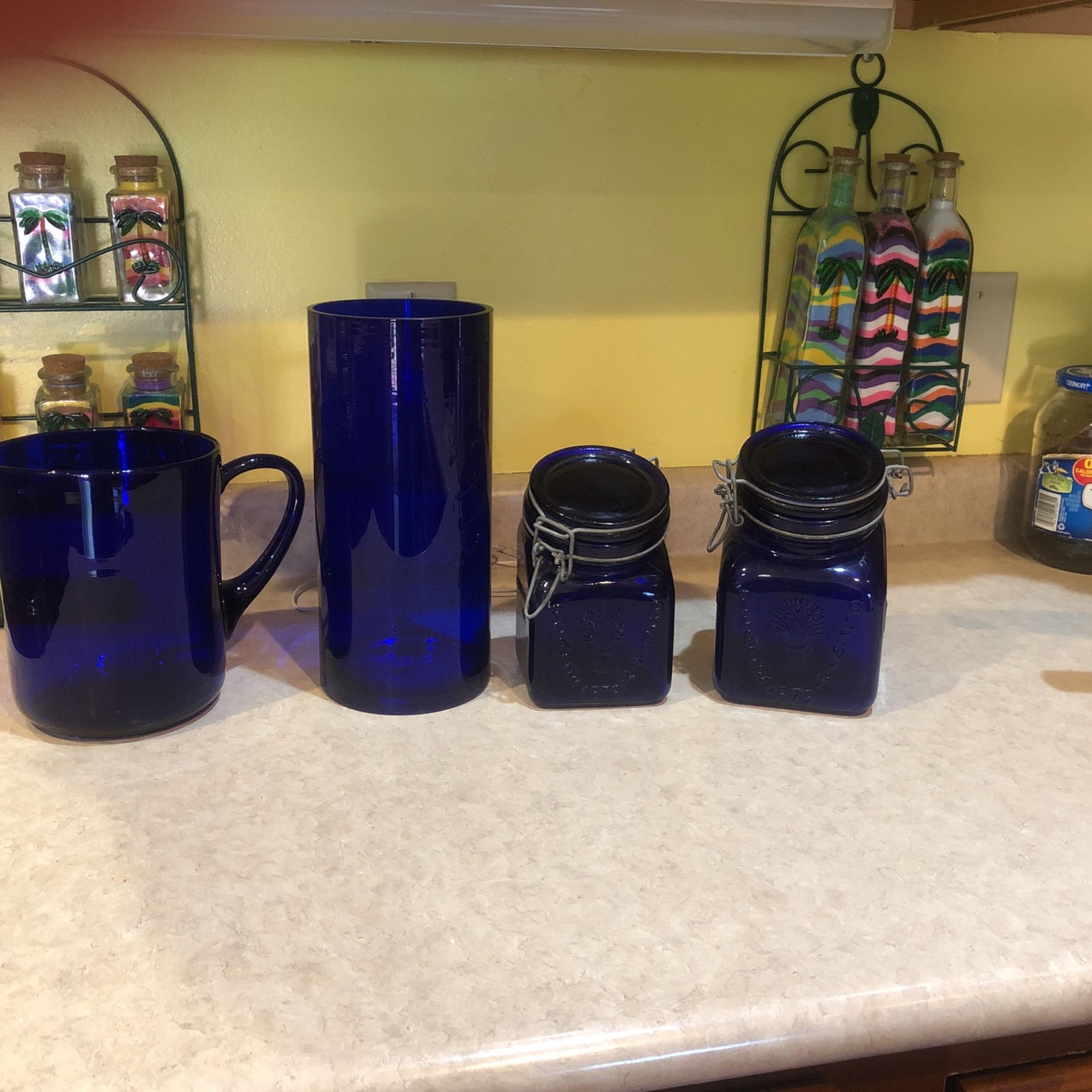 4 BeautifulbCobalt Blue Pieces - 1 Pitcher, 1Vase, 2 Vintage Mason Jars
