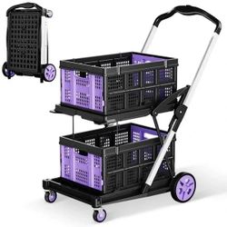 -in-1 200LBS Collapsible Utility Cart with 2 Storage Crates and Adjustable Handle - Purple