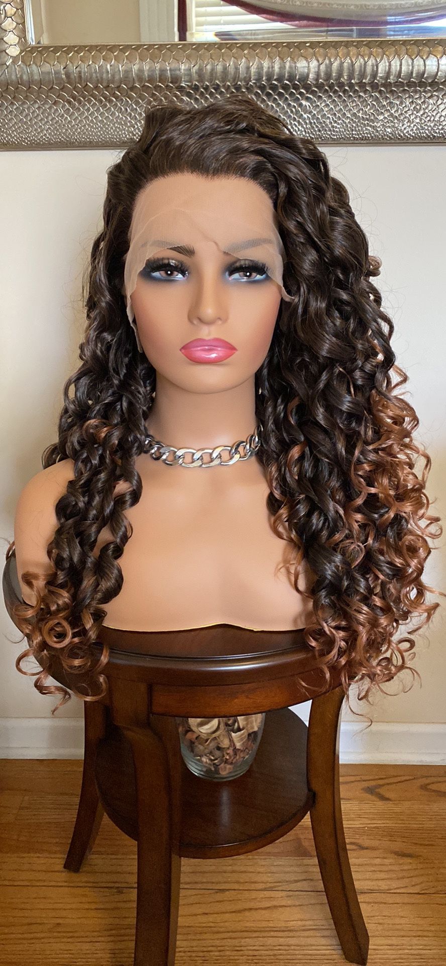 PREMIUM LONG BROWN HIGHLIGHTED CURLY HUMAN HAIR BLEND LACEFRONT WIG