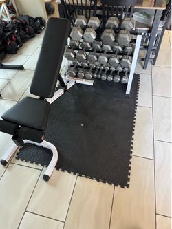 Dumbbells weights 5-60lbs plus body solid rack 590lbs total plus adjustable bench and mats