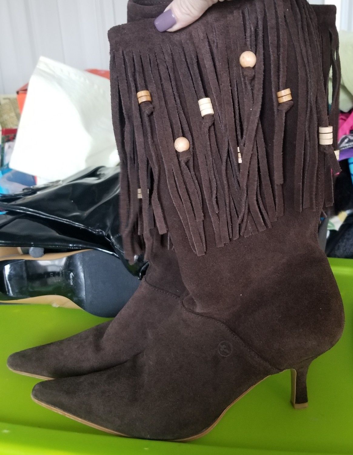 Mid Heel Suede Leather Boots with Beaded Fringe 8.5