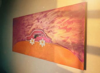 24x 46 Original Acrylic Painting on Canvas – Car & Flowers