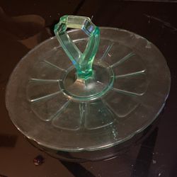 Vintage Green Uranium Glass Depression Glass Tidbit Tray - 