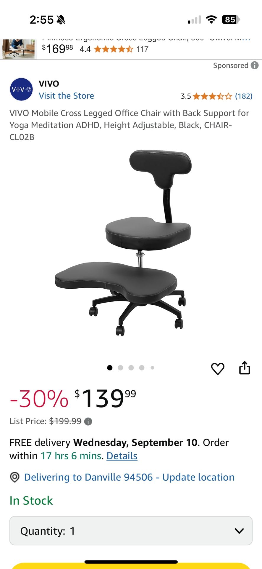 NEW VIVO Mobile Cross Legged Office Chair with Back Support