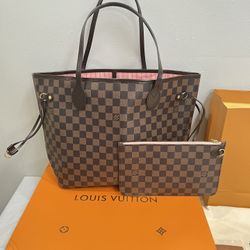 New Authentic Louis Vuitton Damier Ebene Rose Pink/Ballerine Interior MM Neverfull Handbag   